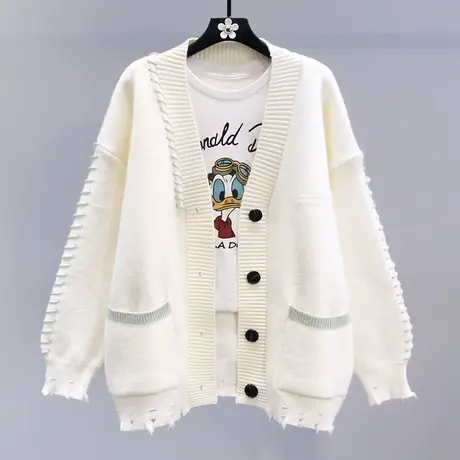 日系学院风慵懒毛衣外套女秋冬2023年新款宽松中长款V领针织开衫商品大图