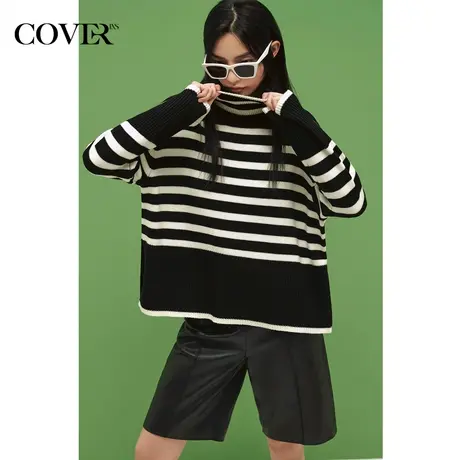 COVER冬季手织工艺条纹粗针棉质毛针织衫商品大图