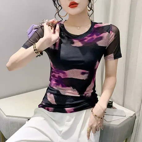 欧货印花网纱T恤女短袖气质减龄漂亮小衫时尚设计感圆领上衣夏装商品大图