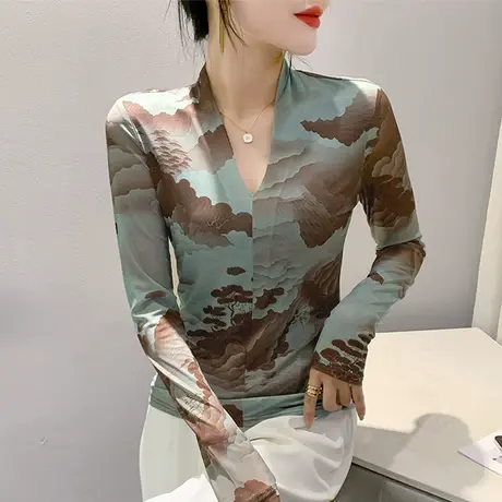 秋季网纱T恤女长袖性感扎染印花V领上衣洋气修身显瘦个性气质小衫商品大图