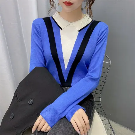 2021秋冬新款方领拼色针织衫女宽松毛衣外穿打底衫套头洋气上衣女商品大图