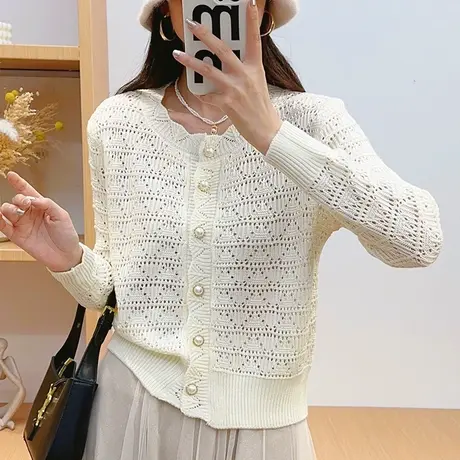 花边纯色圆领镂空复古针织开衫外套秋装文艺田园风女装休闲上衣图片