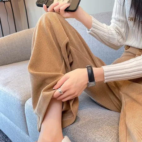 咖色灯芯绒阔腿裤女2023年秋冬新款高腰垂感直筒宽松休闲条绒长裤商品大图