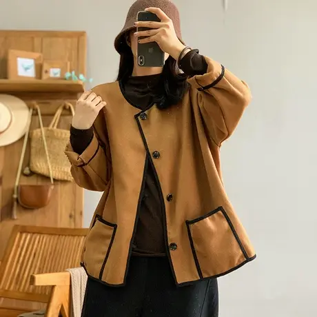 dza 复古呢料低圆领短款外套女秋冬外穿毛呢上衣宽松休闲外搭开衫商品大图