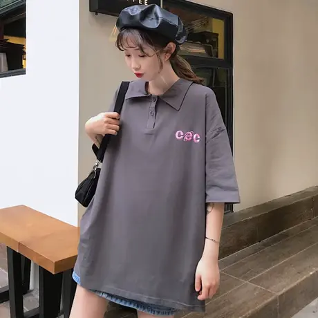 翻领polo衫短袖t恤女ins潮2019新款韩版宽松学生日系百搭港味上衣图片