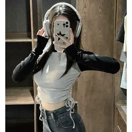 辣妹圆领抽绳长袖T恤女秋季纯欲风高腰露脐设计感小众修身上衣商品大图