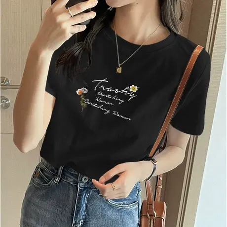 小众设计感纯棉短袖t恤女宽松圆领2022夏季新款打底薄款黑色上衣图片