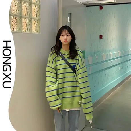 红续森系韩版绿色条纹针织衫宽松显白显瘦百搭2023秋冬新款针织衫图片