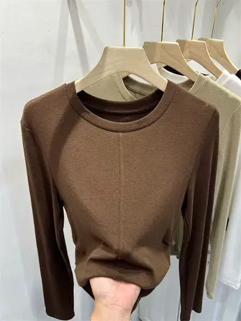 法式纯色拼接羊绒褶皱开叉针织长袖T恤女2023秋季新款上衣打底衫商品大图