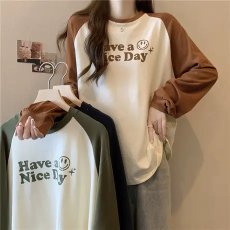 美式复古插肩袖T恤女春秋季宽松百搭撞色拼接长袖上衣内搭打底衫商品大图