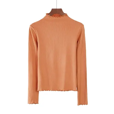 秋冬季女士半高领打底衫纯棉长袖木耳边修身t恤纯色内搭显瘦上衣商品大图