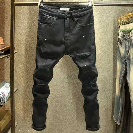 泼墨刮烂牛仔裤男款秋冬款修身小脚弹力裤子潮牌破洞补丁黑色长裤商品大图