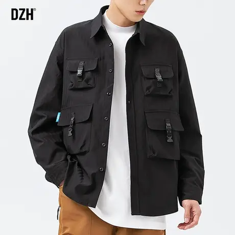 男士多口袋工装外套黑色休闲衬衫男长袖高级感2023年新款潮男衬衣商品大图