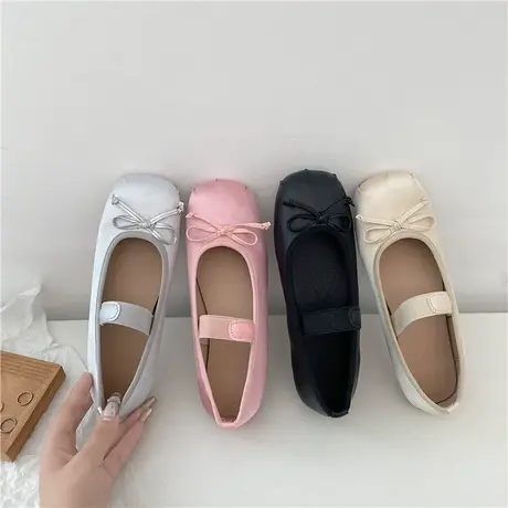 平底粉色芭蕾舞单鞋仙女鞋子春秋2024年新款夏季缎面银色玛丽珍鞋商品大图