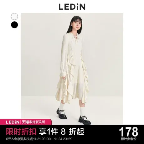 乐町浪漫收腰连衣裙2023秋季新款女大衣内搭气质法式毛边黑色裙子商品大图