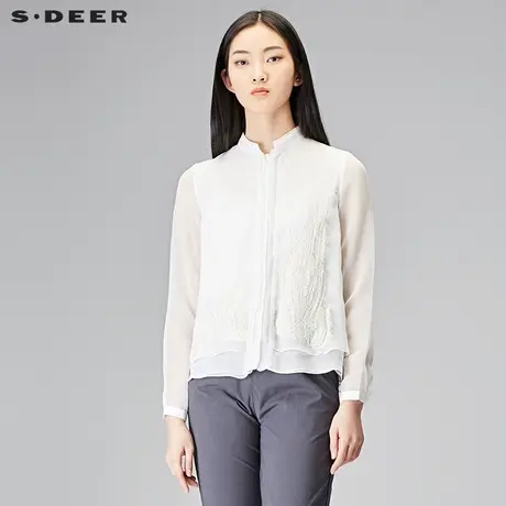 sdeer圣迪奥2018秋装唯美素白绣花雪纺A字长袖衬衫女装S18180518图片