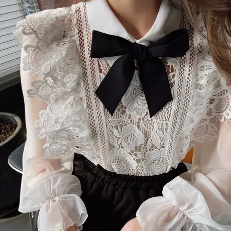 粉红大布娃娃2022白色长袖衬衫蝴蝶结甜美减龄蕾丝拼接雪纺衫女春商品大图