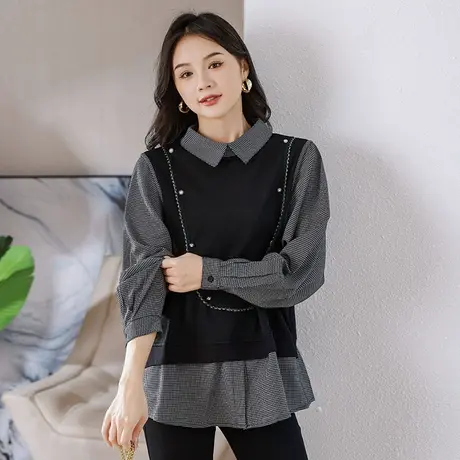 2024春季新款大码女装假两件衬衫女格子韩版大码胖mm宽松显瘦上衣商品大图