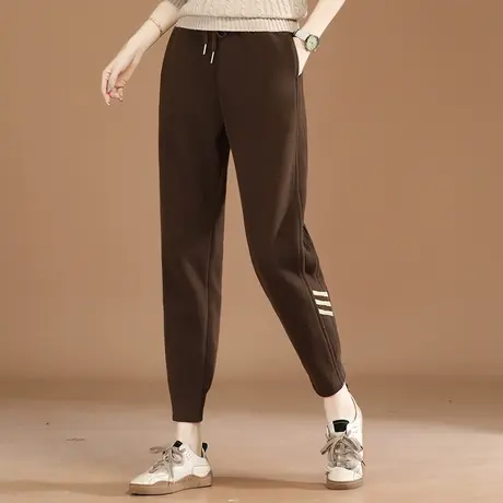 韩潮袭人松紧腰条纹加绒运动裤女2023冬装新款束脚休闲卫裤子厚图片