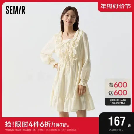 森马连衣裙女荷叶边蝴蝶结浪漫2024春季新款甜美方领肌理裙子温柔图片