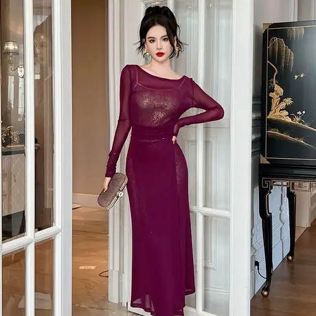 纯欲紫色罩衫内搭吊带连衣裙套装性感女人味开叉一字领长裙两件套图片