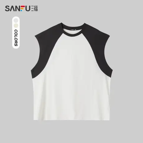 三福2024夏季新款男士拼接撞色背心休闲运动圆领无袖T恤打底衫商品大图