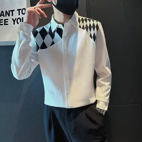 2023秋季菱形拼接韩版修身长袖衬衫网红潮牌早秋衬衣夜店个性上衣商品大图