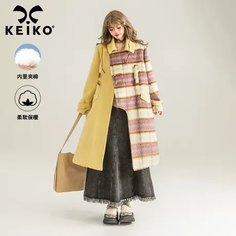 KEIKO [夹棉] 时髦拼色格纹毛呢大衣冬季宽松保暖牛角扣呢子外套商品大图