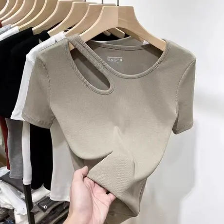 小心机露锁骨短袖T恤女2023夏季新款修身打底衫时尚镂空性感上衣图片
