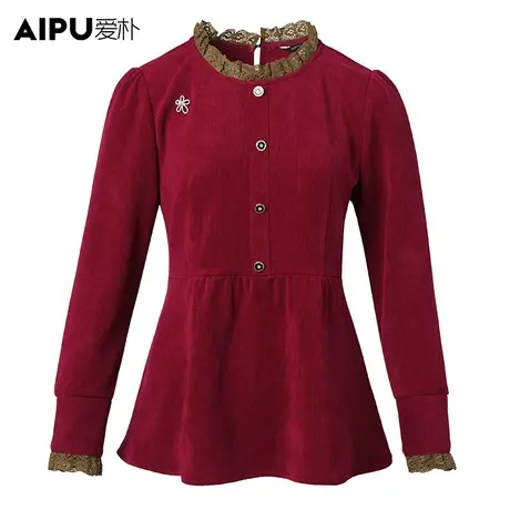 爱朴气质大码女装冬季新款打底时尚百搭韩版蕾丝拼接显瘦衬衫上衣图片