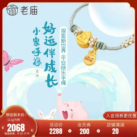 老庙黄金足金5D小象呼禄平安小象快乐蝴蝶珐琅葫芦型宝宝儿童手绳商品大图
