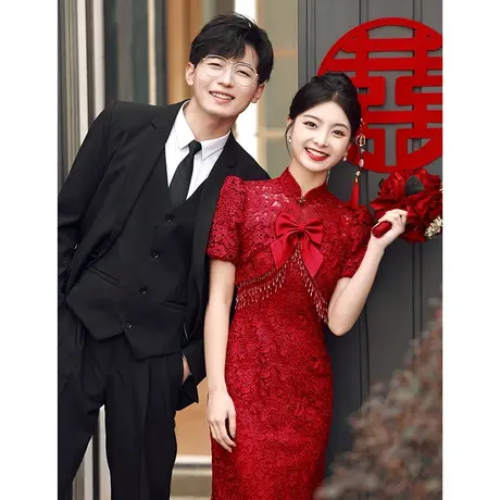 蕾丝敬酒服新娘高级感女夏季中式旗袍订婚礼服修身复古中长款高端图片