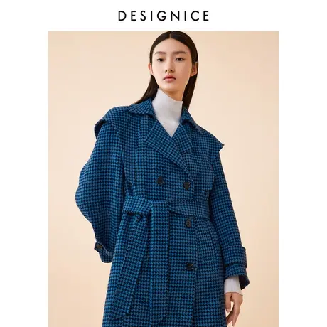 迪赛尼斯冬季新款中长款毛呢外套复古格纹双面呢大衣女商品大图