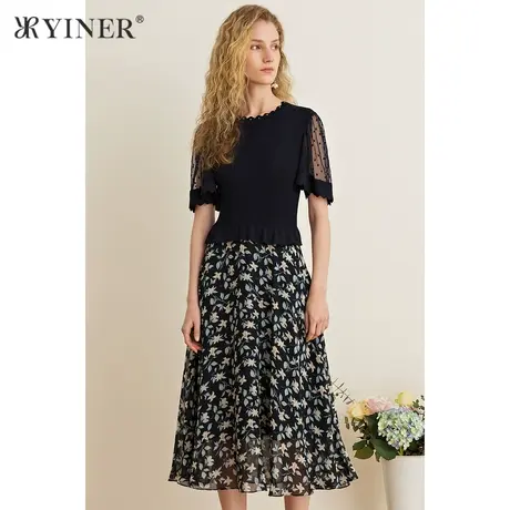 YINER音儿女装夏季拼接含桑蚕丝印花A字连衣裙图片