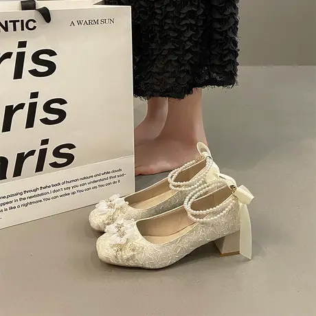 仙女风婚鞋女新娘鞋婚纱伴娘鞋水钻珍珠玛丽珍高跟鞋法式粗跟单鞋商品大图