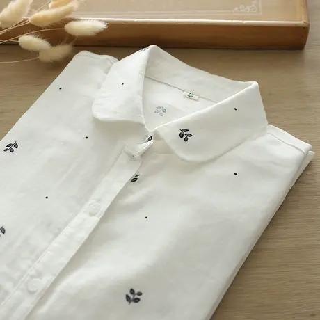 2024年春秋新款文艺双层纱柔软舒适纯棉白衬衫女长袖学生打底上衣图片