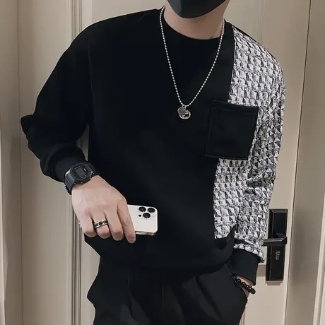 小香风拼接卫衣男春季新款潮牌套头休闲上衣轻熟男装长袖T恤外套商品大图