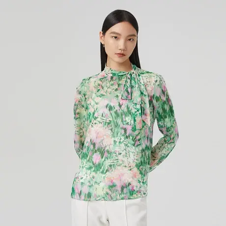 【真丝】LANCY/朗姿春季新款印花衬衫女飘带宽松衬衣两件套图片
