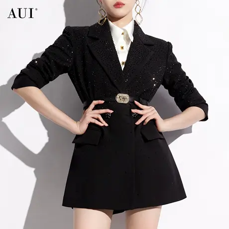 AUI黑色职业气质重工西装外套女2024年早春新款腰带垫肩修身西服图片