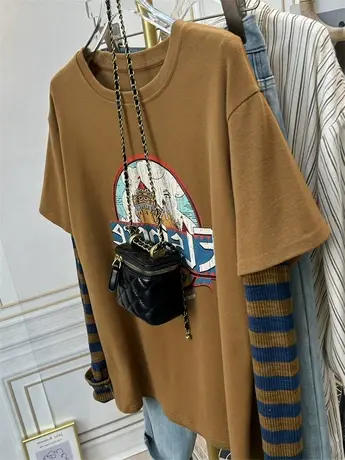 拼接条纹长袖T恤女韩版宽松磨毛印花打底时尚洋气假两件上衣春秋商品大图