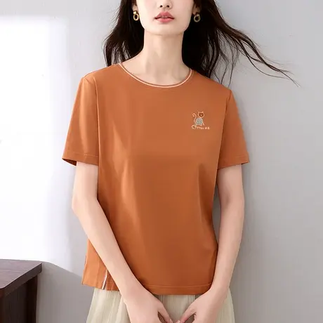 时髦高级感纯棉t恤女夏装2024年新款圆领上衣洋气百搭短袖体恤衫图片