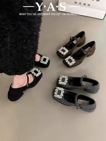 粗跟气质水钻玛丽珍女鞋子2024年爆款春夏季新款高跟黑色晚晚单鞋商品大图