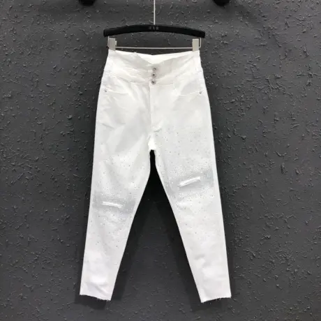 欧货白色破洞烫钻潮流牛仔裤女2024春夏新款高腰锥形裤显瘦小脚裤图片