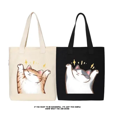 秀洛三花猫猫伸懒腰卡通帆布包单肩包斜挎包托特包女大容量手提包商品大图