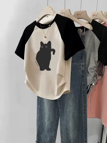 日系chic正肩短袖T恤女高级感大码短款插肩袖ins潮可爱减龄上衣夏商品大图