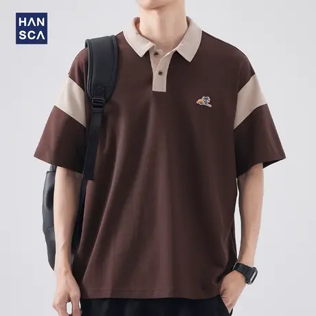 hansca 珠地棉POLO衫男短袖夏季新款撞色翻领刺绣上衣宽松半袖T恤商品大图