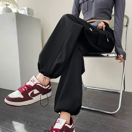 黑色束脚工装裤女春秋2024新款显瘦美式高腰两穿阔腿运动休闲裤子商品大图