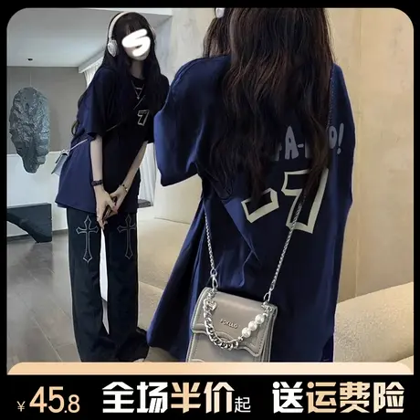 纯棉美式复古圆领短袖t恤女2024新款爆款夏季宽松慵懒风半袖上衣图片