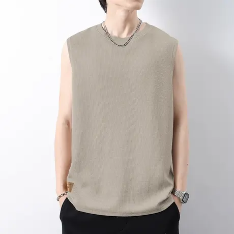 华夫格重磅背心男夏季薄款跨栏运动篮球坎肩纯色无袖t恤宽松外穿商品大图