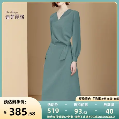 迪菲丽格2023新款秋装时尚气质V领长袖连衣裙女法式系带收腰裙子图片